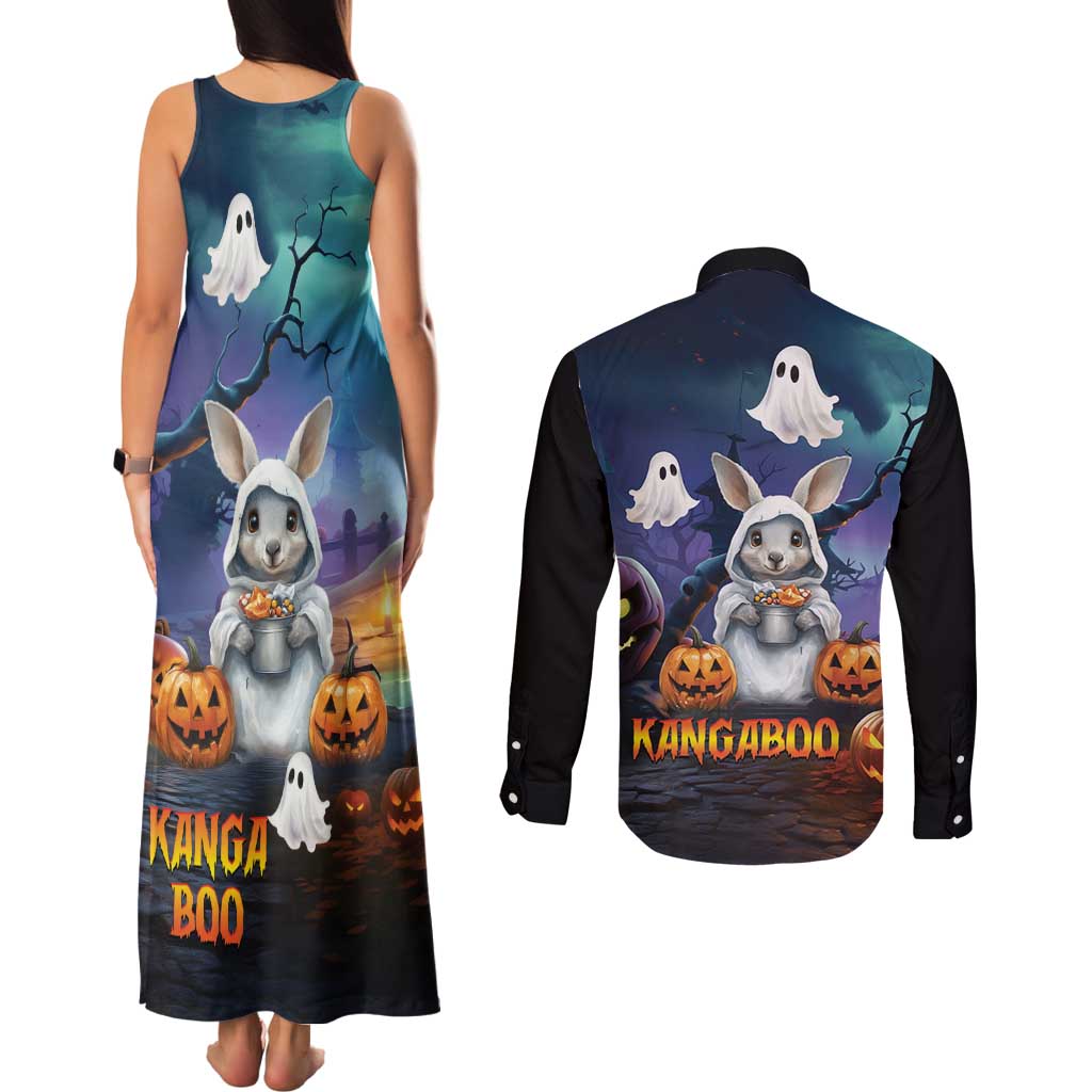Happy Kangaboo Couples Matching Tank Maxi Dress and Long Sleeve Button Shirt Kangaroo and Halloween Haunted House