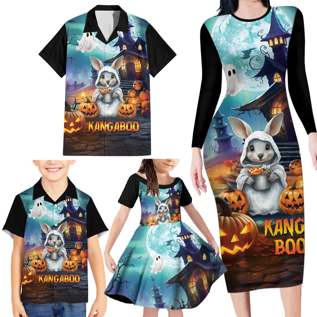 Happy Kangaboo Family Matching Long Sleeve Bodycon Dress and Hawaiian Shirt Kangaroo and Halloween Haunted House