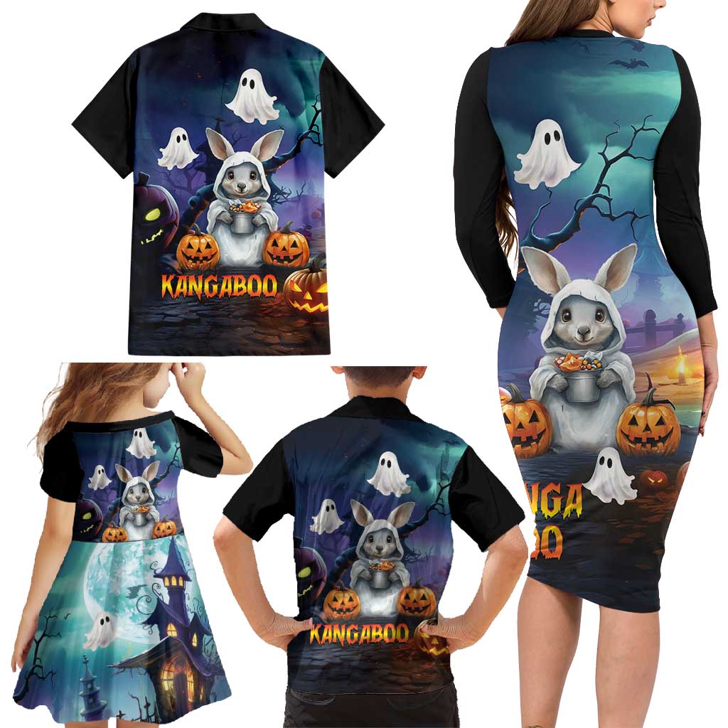 Happy Kangaboo Family Matching Long Sleeve Bodycon Dress and Hawaiian Shirt Kangaroo and Halloween Haunted House