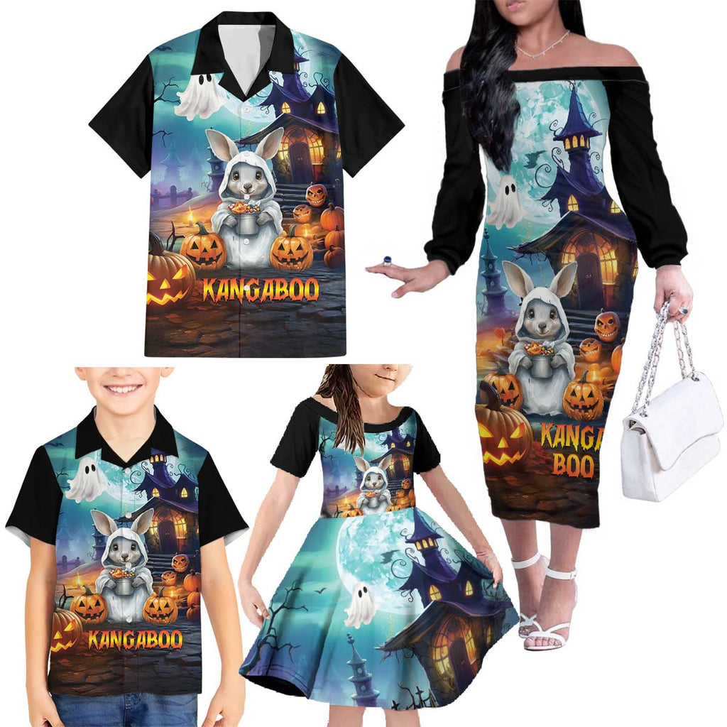Happy Kangaboo Family Matching Off The Shoulder Long Sleeve Dress and Hawaiian Shirt Kangaroo and Halloween Haunted House