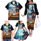 Happy Kangaboo Family Matching Off The Shoulder Long Sleeve Dress and Hawaiian Shirt Kangaroo and Halloween Haunted House