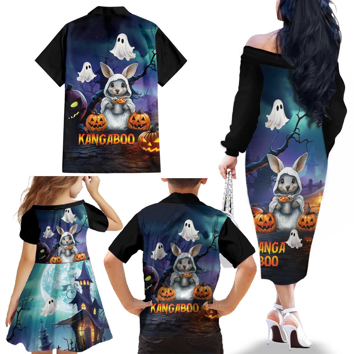 Happy Kangaboo Family Matching Off The Shoulder Long Sleeve Dress and Hawaiian Shirt Kangaroo and Halloween Haunted House