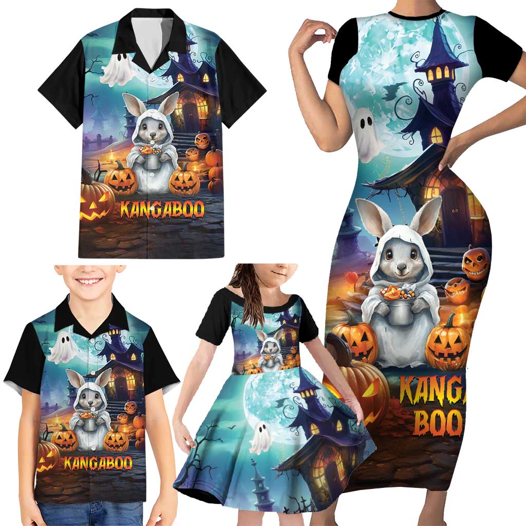 Happy Kangaboo Family Matching Short Sleeve Bodycon Dress and Hawaiian Shirt Kangaroo and Halloween Haunted House