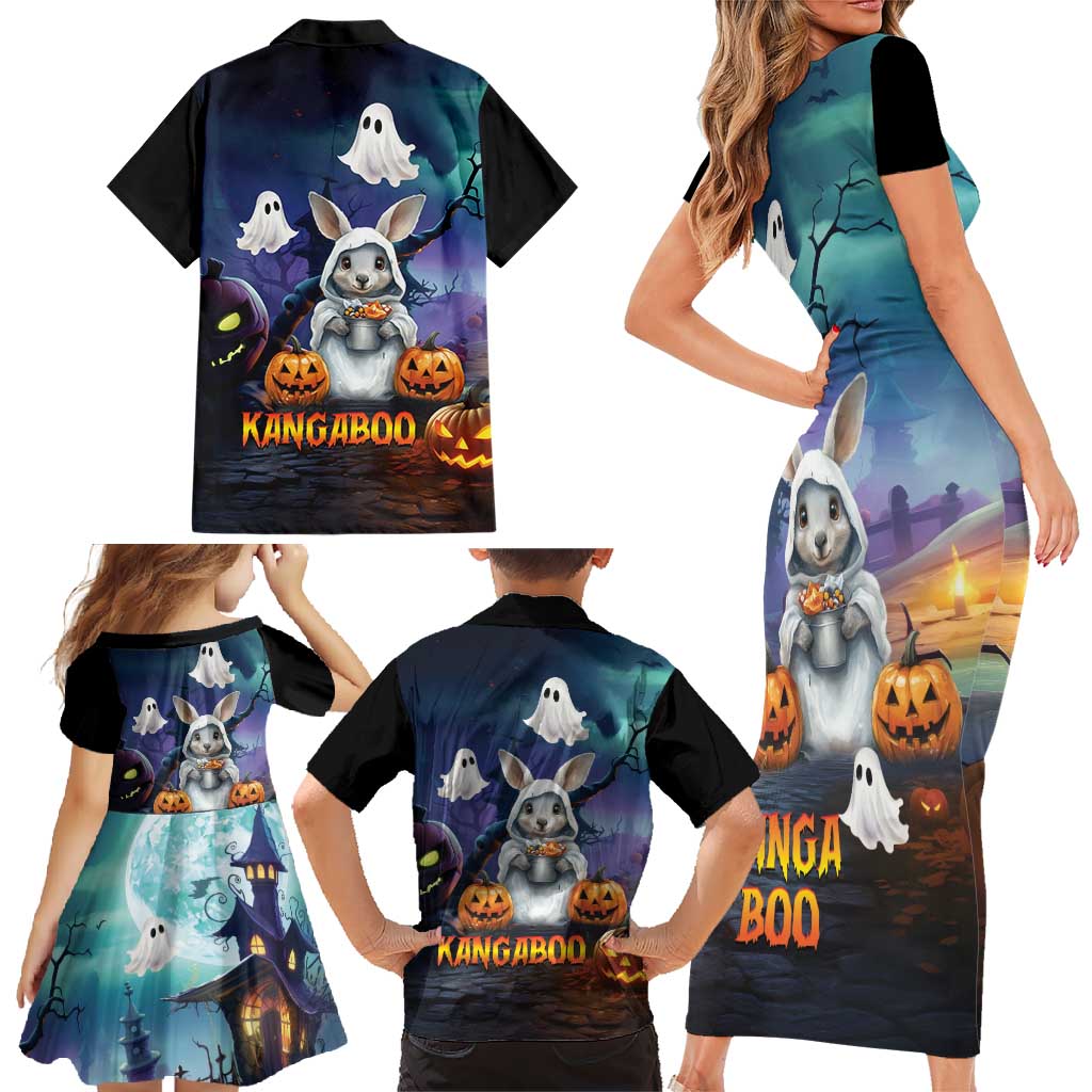 Happy Kangaboo Family Matching Short Sleeve Bodycon Dress and Hawaiian Shirt Kangaroo and Halloween Haunted House