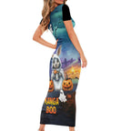 Happy Kangaboo Family Matching Short Sleeve Bodycon Dress and Hawaiian Shirt Kangaroo and Halloween Haunted House