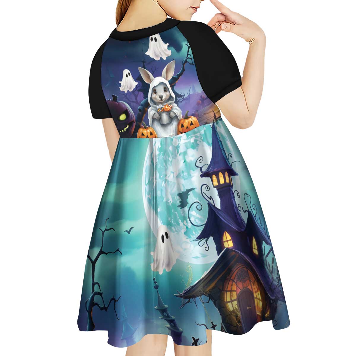 Happy Kangaboo Kid Short Sleeve Dress Kangaroo and Halloween Haunted House