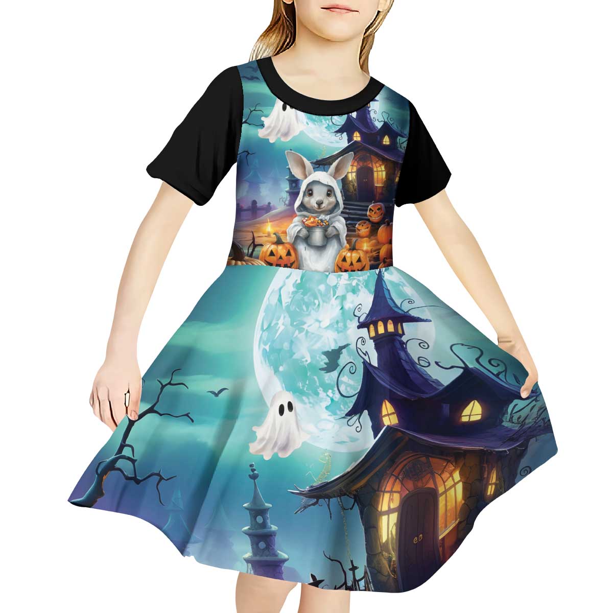 Happy Kangaboo Kid Short Sleeve Dress Kangaroo and Halloween Haunted House
