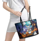 Happy Kangaboo Leather Tote Bag Kangaroo and Halloween Haunted House
