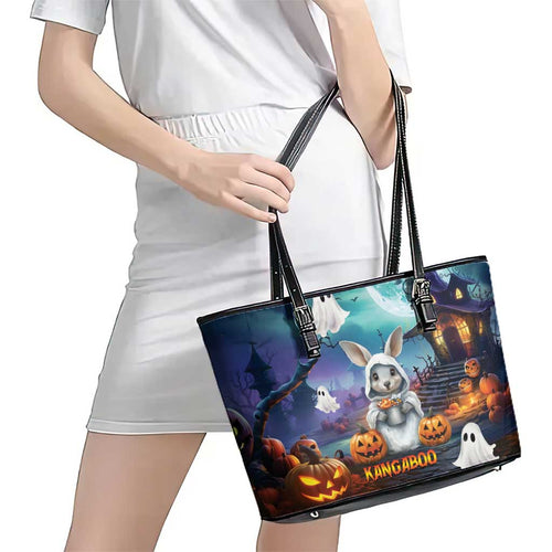Happy Kangaboo Leather Tote Bag Kangaroo and Halloween Haunted House