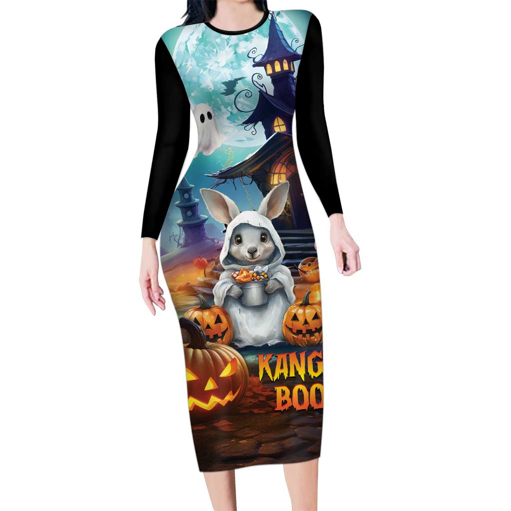 Happy Kangaboo Long Sleeve Bodycon Dress Kangaroo and Halloween Haunted House