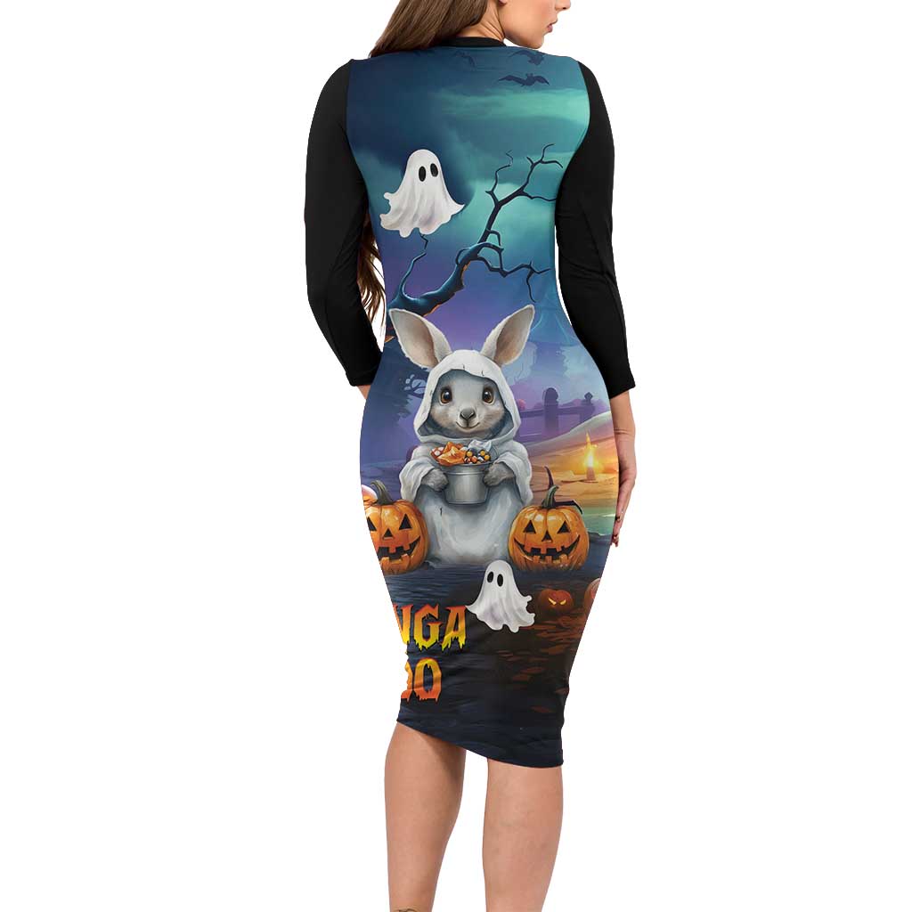 Happy Kangaboo Long Sleeve Bodycon Dress Kangaroo and Halloween Haunted House