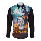 Happy Kangaboo Long Sleeve Button Shirt Kangaroo and Halloween Haunted House