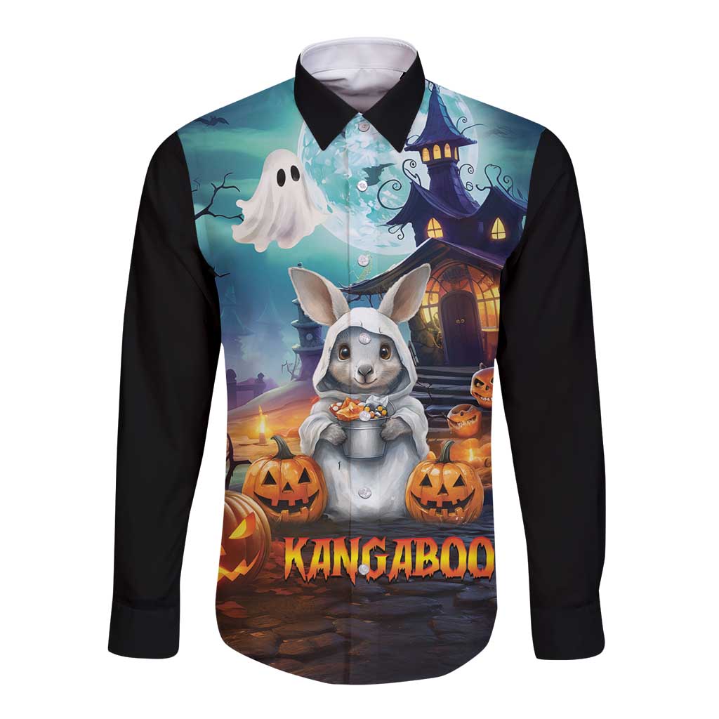 Happy Kangaboo Long Sleeve Button Shirt Kangaroo and Halloween Haunted House