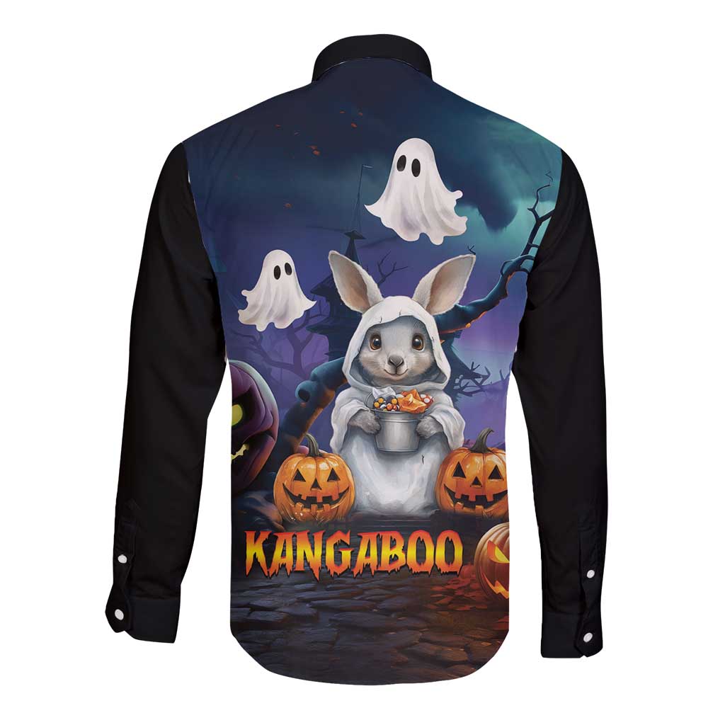 Happy Kangaboo Long Sleeve Button Shirt Kangaroo and Halloween Haunted House