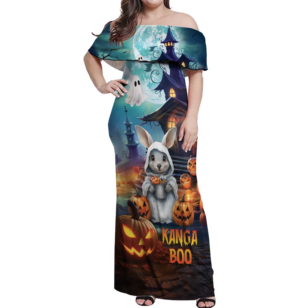 Happy Kangaboo Off Shoulder Maxi Dress Kangaroo and Halloween Haunted House