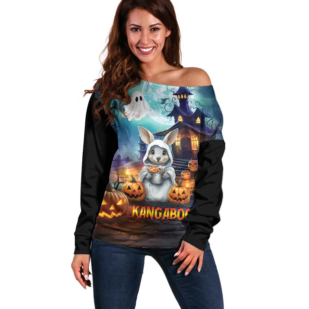 Happy Kangaboo Off Shoulder Sweater Kangaroo and Halloween Haunted House