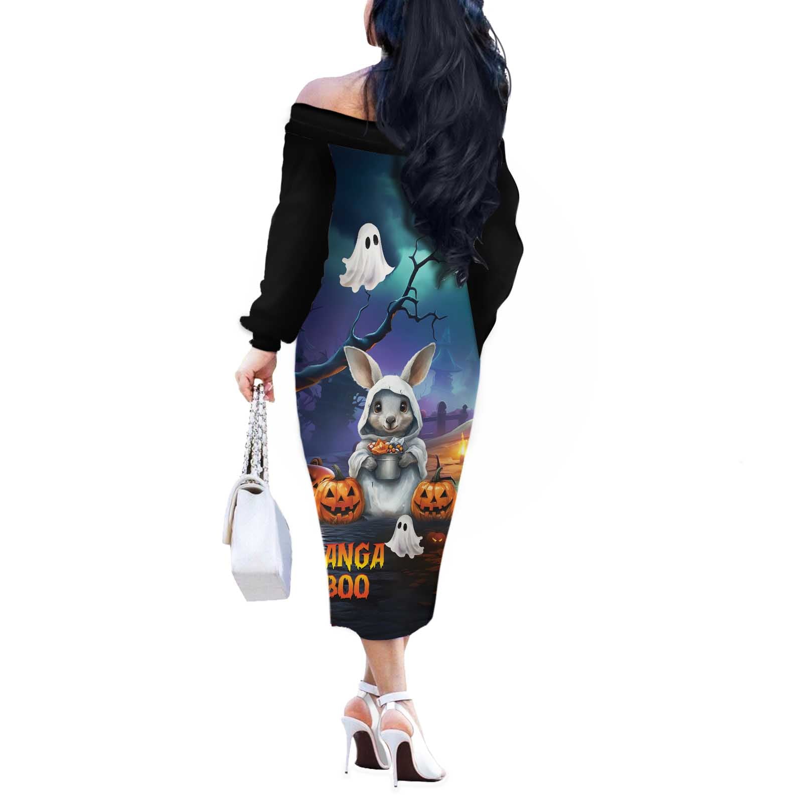 Happy Kangaboo Off The Shoulder Long Sleeve Dress Kangaroo and Halloween Haunted House