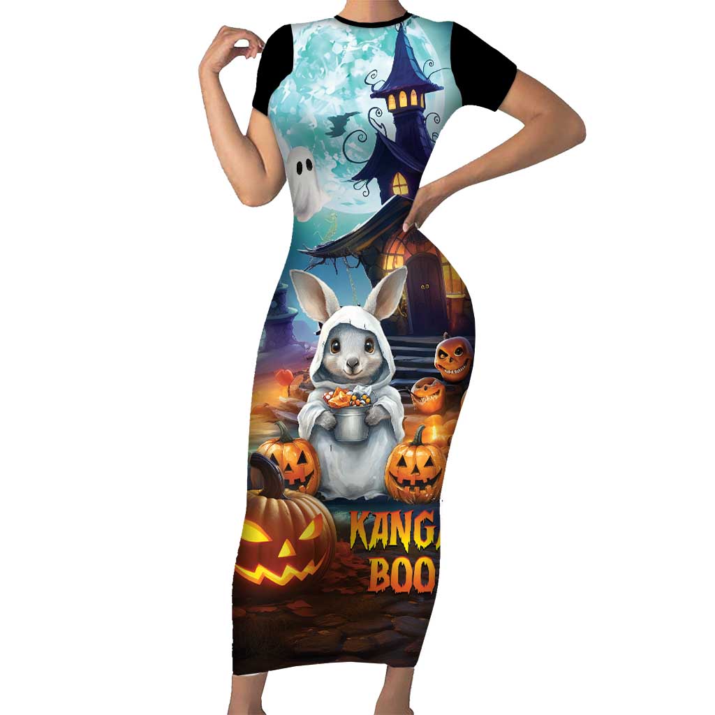Happy Kangaboo Short Sleeve Bodycon Dress Kangaroo and Halloween Haunted House