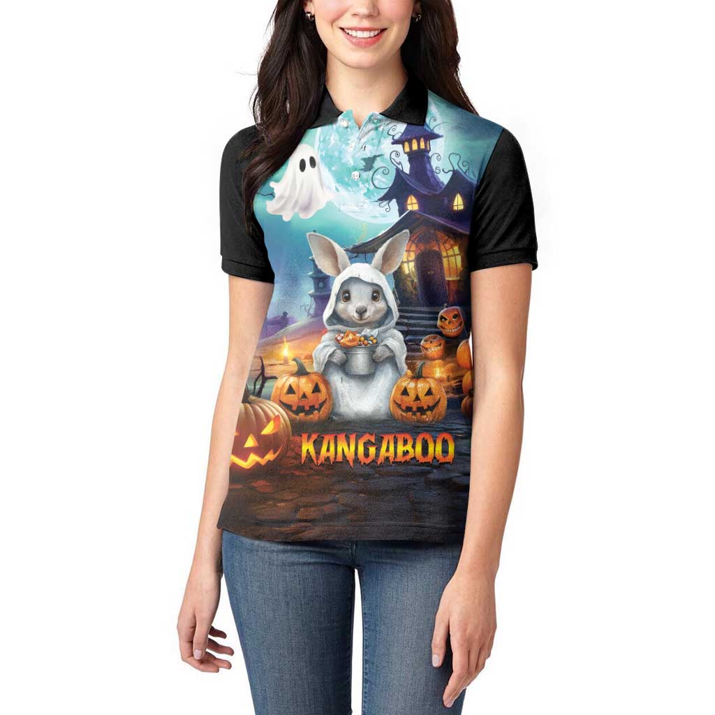 Happy Kangaboo Women Polo Shirt Kangaroo and Halloween Haunted House