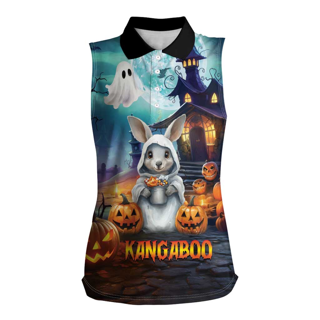 Happy Kangaboo Women Sleeveless Polo Shirt Kangaroo and Halloween Haunted House