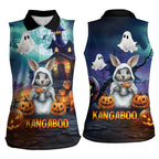 Happy Kangaboo Women Sleeveless Polo Shirt Kangaroo and Halloween Haunted House