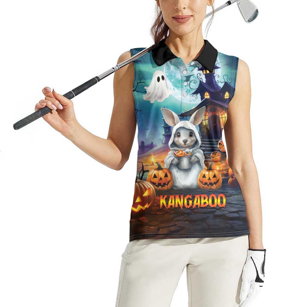 Happy Kangaboo Women Sleeveless Polo Shirt Kangaroo and Halloween Haunted House