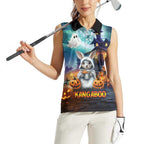 Happy Kangaboo Women Sleeveless Polo Shirt Kangaroo and Halloween Haunted House