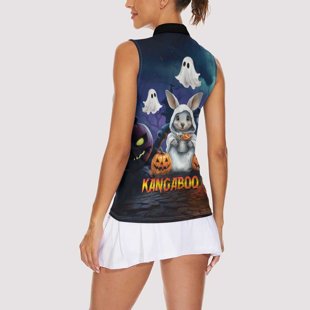 Happy Kangaboo Women Sleeveless Polo Shirt Kangaroo and Halloween Haunted House