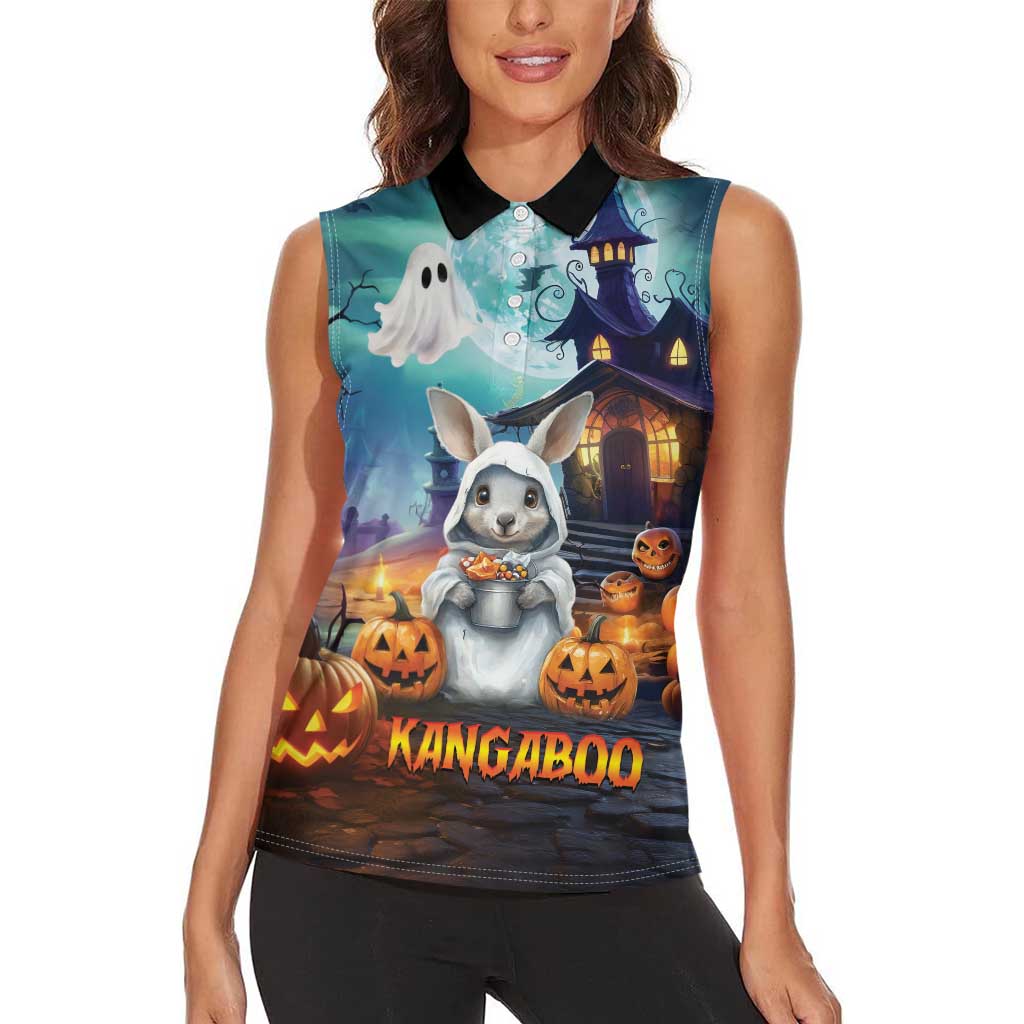 Happy Kangaboo Women Sleeveless Polo Shirt Kangaroo and Halloween Haunted House
