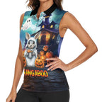 Happy Kangaboo Women Sleeveless Polo Shirt Kangaroo and Halloween Haunted House