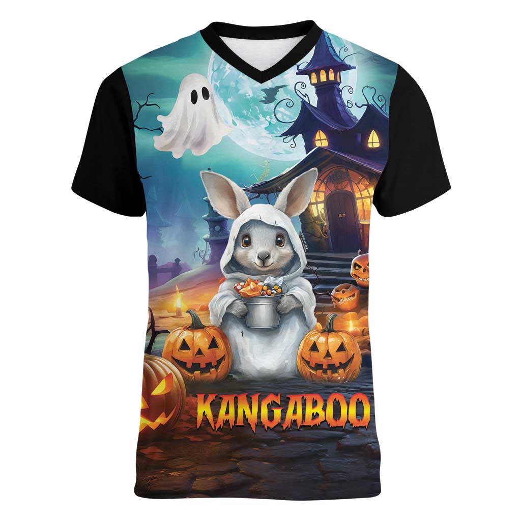 Happy Kangaboo Women V-Neck T-Shirt Kangaroo and Halloween Haunted House