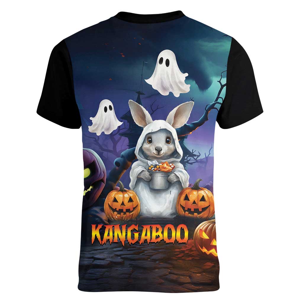 Happy Kangaboo Women V-Neck T-Shirt Kangaroo and Halloween Haunted House