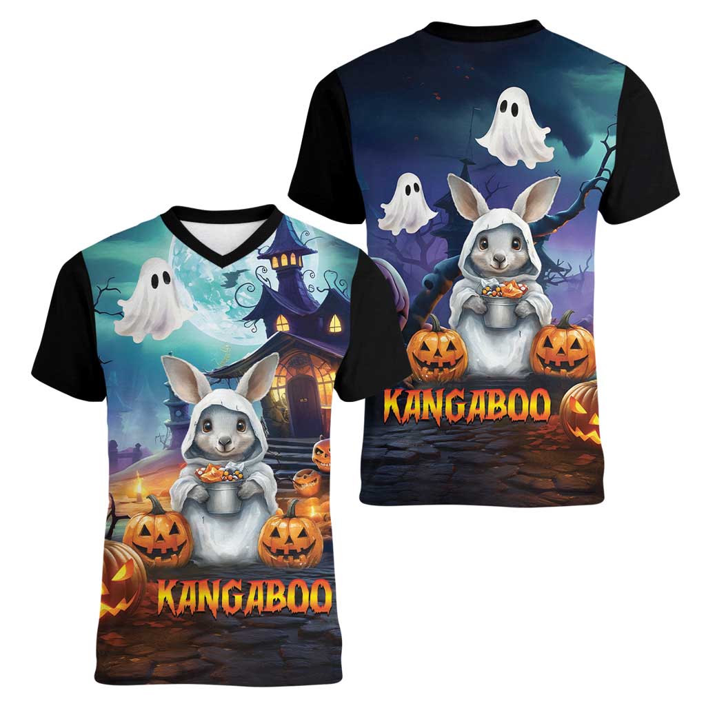 Happy Kangaboo Women V-Neck T-Shirt Kangaroo and Halloween Haunted House