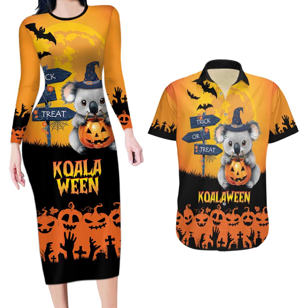 Happy Koalaween Couples Matching Long Sleeve Bodycon Dress and Hawaiian Shirt Koala Ghost Trick or Treat