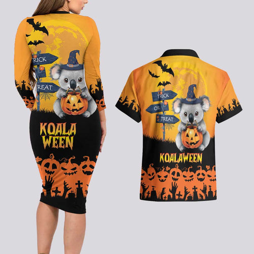 Happy Koalaween Couples Matching Long Sleeve Bodycon Dress and Hawaiian Shirt Koala Ghost Trick or Treat