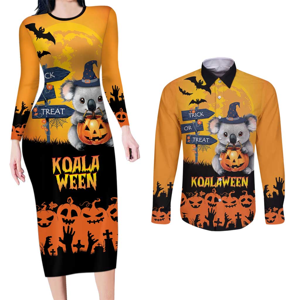 Happy Koalaween Couples Matching Long Sleeve Bodycon Dress and Long Sleeve Button Shirt Koala Ghost Trick or Treat