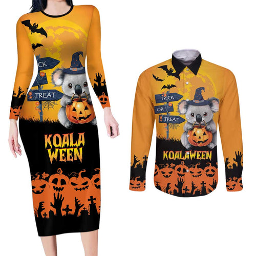 Happy Koalaween Couples Matching Long Sleeve Bodycon Dress and Long Sleeve Button Shirt Koala Ghost Trick or Treat