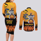 Happy Koalaween Couples Matching Long Sleeve Bodycon Dress and Long Sleeve Button Shirt Koala Ghost Trick or Treat
