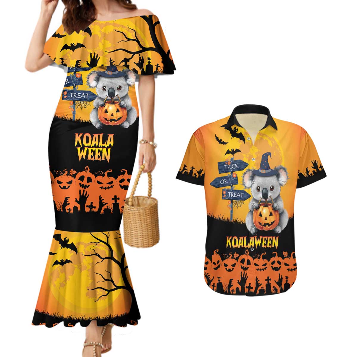 Happy Koalaween Couples Matching Mermaid Dress and Hawaiian Shirt Koala Ghost Trick or Treat