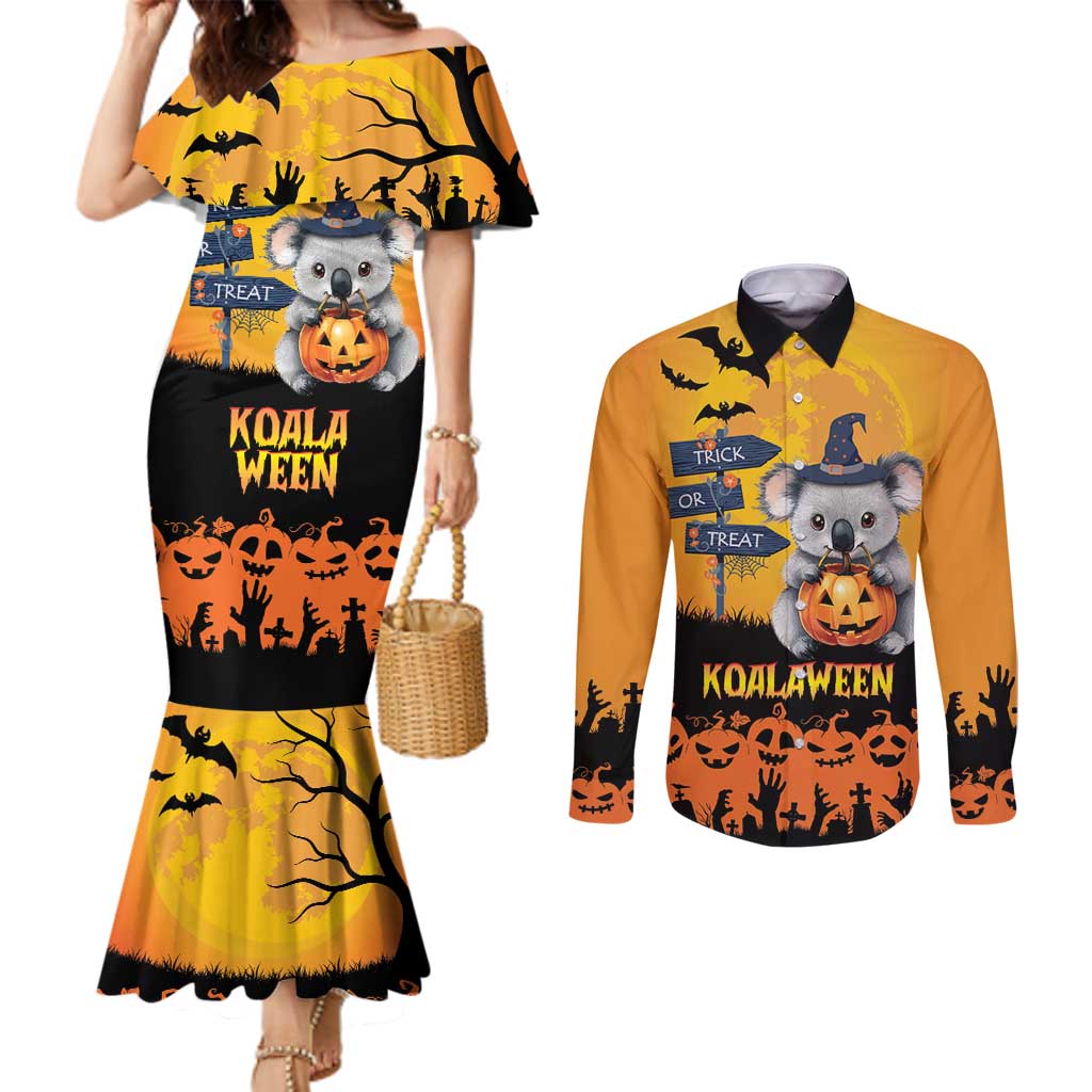 Happy Koalaween Couples Matching Mermaid Dress and Long Sleeve Button Shirt Koala Ghost Trick or Treat
