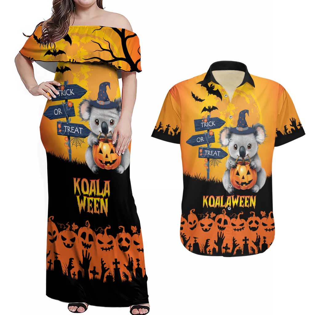 Happy Koalaween Couples Matching Off Shoulder Maxi Dress and Hawaiian Shirt Koala Ghost Trick or Treat