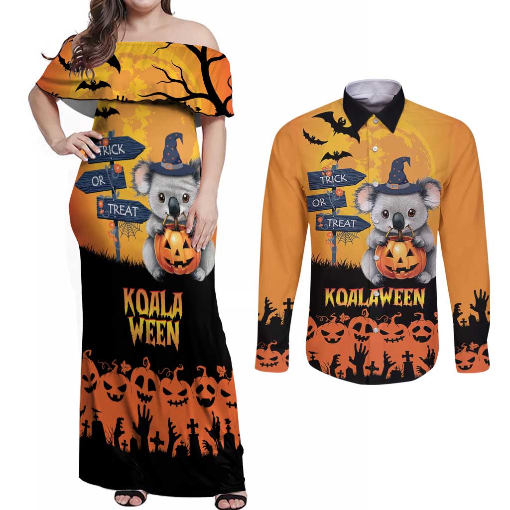 Happy Koalaween Couples Matching Off Shoulder Maxi Dress and Long Sleeve Button Shirt Koala Ghost Trick or Treat