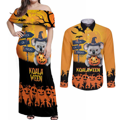 Happy Koalaween Couples Matching Off Shoulder Maxi Dress and Long Sleeve Button Shirt Koala Ghost Trick or Treat