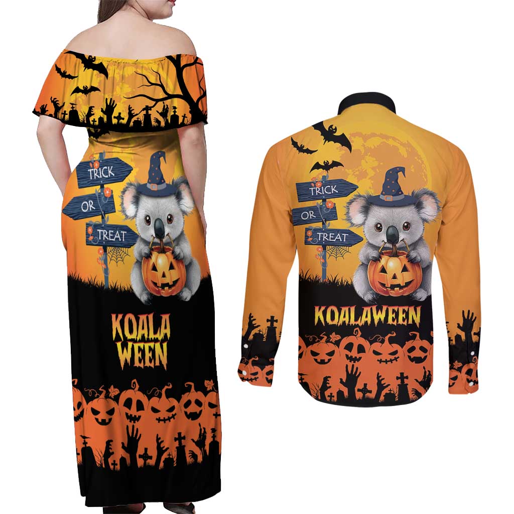 Happy Koalaween Couples Matching Off Shoulder Maxi Dress and Long Sleeve Button Shirt Koala Ghost Trick or Treat