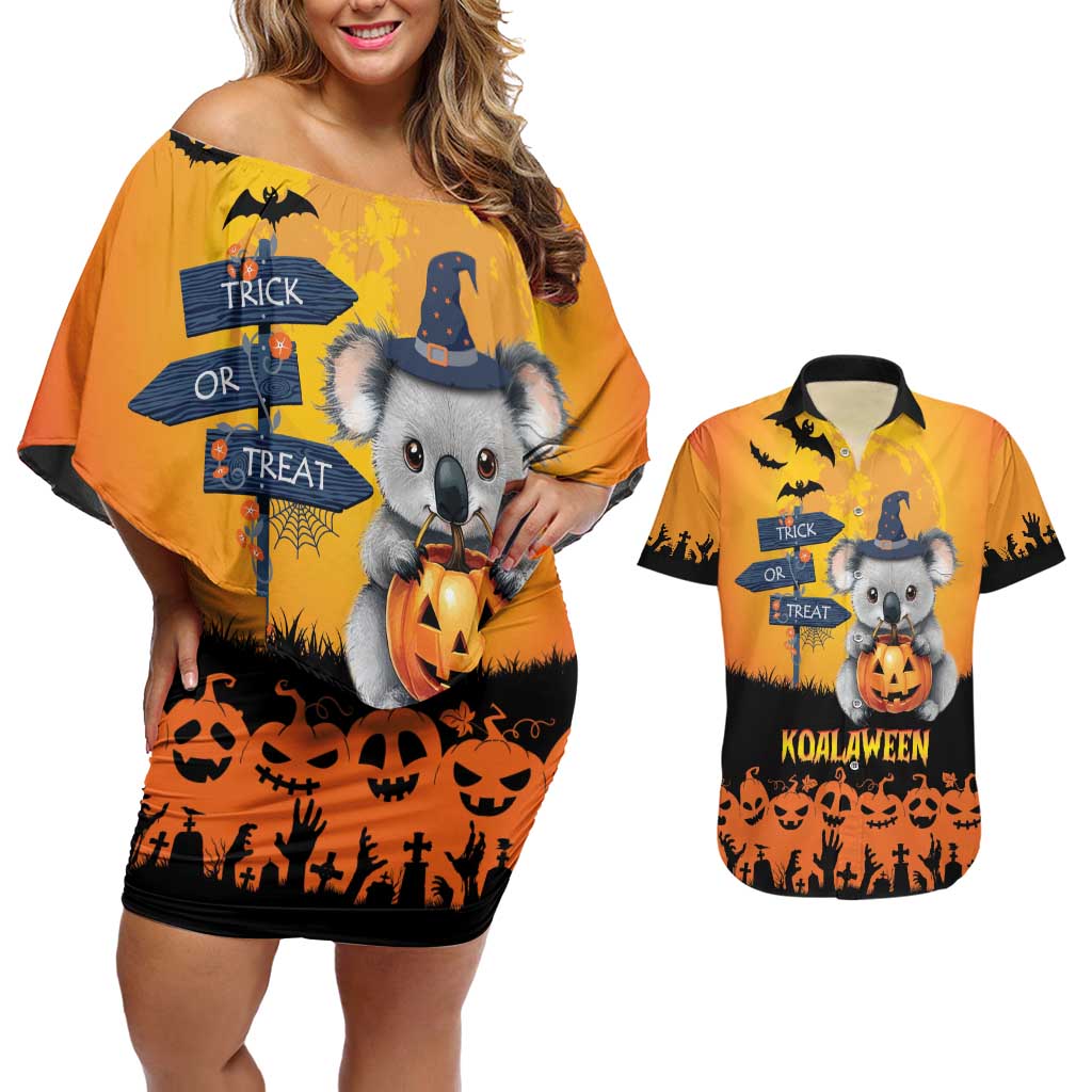 Happy Koalaween Couples Matching Off Shoulder Short Dress and Hawaiian Shirt Koala Ghost Trick or Treat
