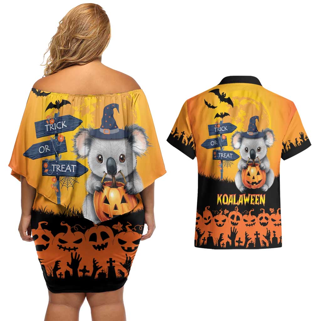 Happy Koalaween Couples Matching Off Shoulder Short Dress and Hawaiian Shirt Koala Ghost Trick or Treat