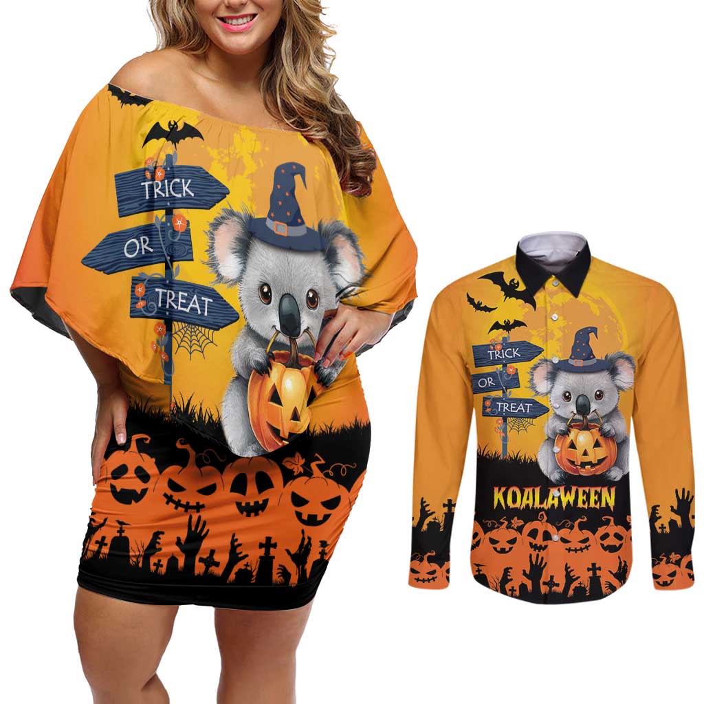 Happy Koalaween Couples Matching Off Shoulder Short Dress and Long Sleeve Button Shirt Koala Ghost Trick or Treat