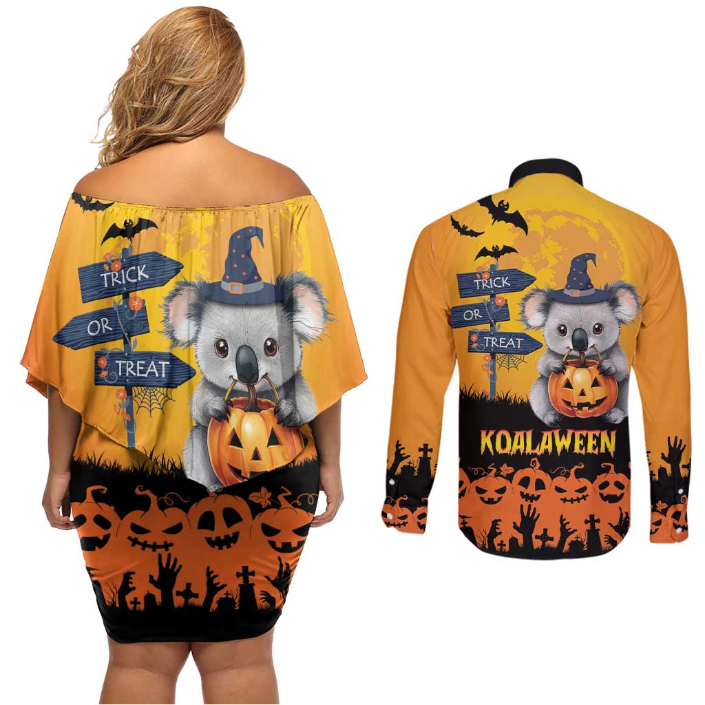 Happy Koalaween Couples Matching Off Shoulder Short Dress and Long Sleeve Button Shirt Koala Ghost Trick or Treat