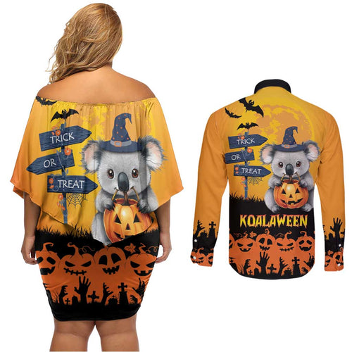 Happy Koalaween Couples Matching Off Shoulder Short Dress and Long Sleeve Button Shirt Koala Ghost Trick or Treat