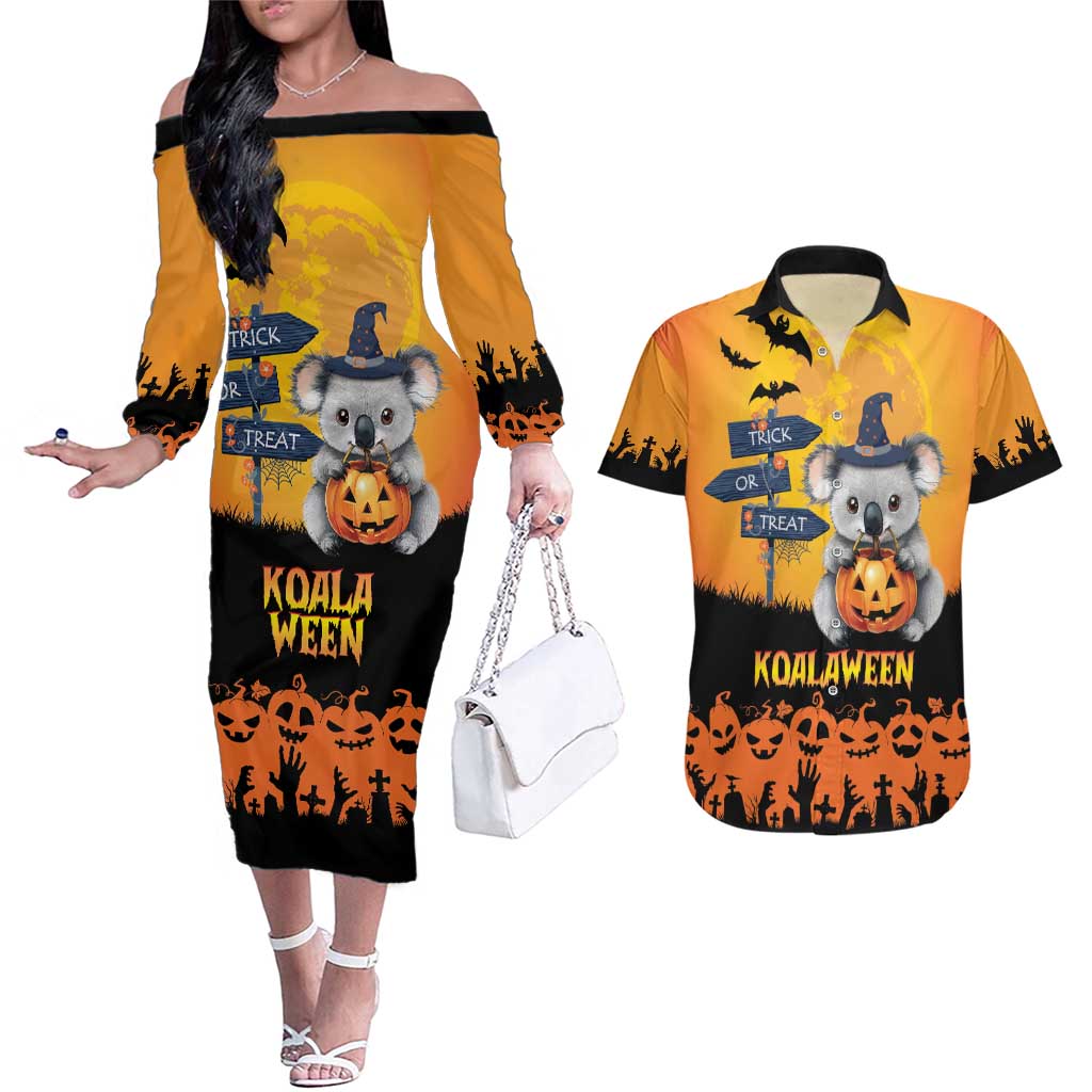 Happy Koalaween Couples Matching Off The Shoulder Long Sleeve Dress and Hawaiian Shirt Koala Ghost Trick or Treat